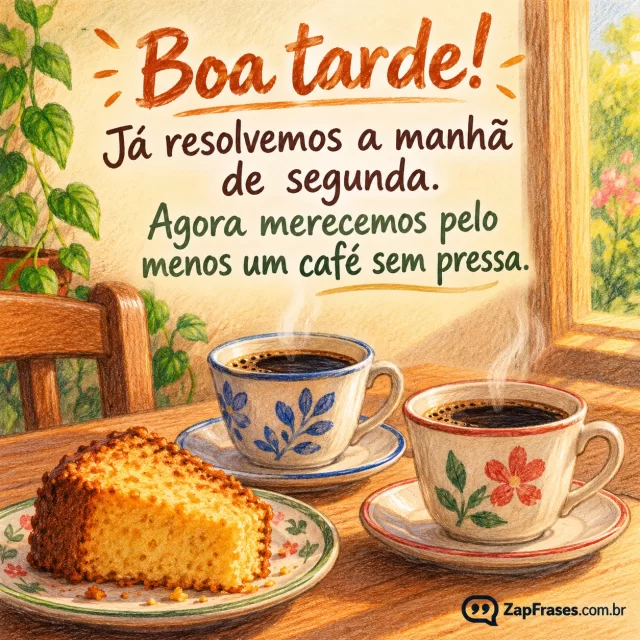 Duas xícaras de café e fatia de bolo caseiro numa mesa simples. Arte com a mensagem: Boa tarde! Já resolvemos a manhã de segunda. Agora merecemos pelo menos um café sem pressa.