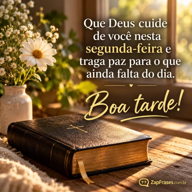 Luz suave atravessa uma janela e ilumina uma Bíblia fechada e uma flor simples. Arte com a mensagem: Que Deus cuide de você nesta segunda-feira e traga paz para o que ainda falta do dia. Boa tarde!