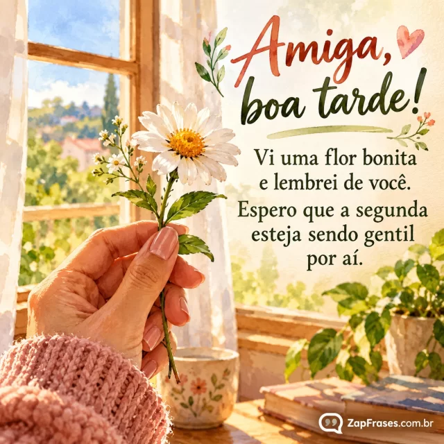 Mão segura uma flor singela recém-colhida diante de uma janela iluminada. Arte com a mensagem: Amiga, boa tarde! Vi uma flor bonita e lembrei de você. Espero que a segunda esteja sendo gentil por aí.