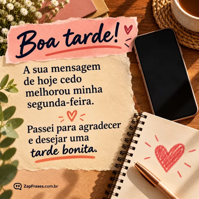 Telefone com tela apagada ao lado de um caderno com coração desenhado. Arte com a mensagem: Boa tarde! A sua mensagem de hoje cedo melhorou minha segunda-feira. Passei para agradecer e desejar uma tarde bonita.