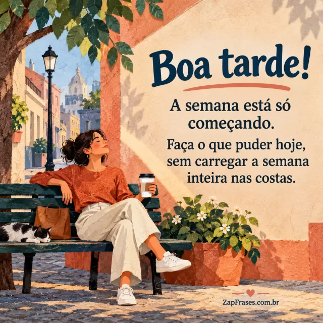 Mulher descansa num banco de praça ensolarado. Arte com a mensagem: Boa tarde! A semana está só começando. Faça o que puder hoje, sem carregar a semana inteira nas costas.