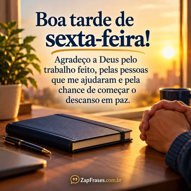 Semana representada por caderno fechado e luz dourada de sexta, mãos em oração discreta. Arte com a mensagem: Boa tarde de sexta-feira! Agradeço a Deus pelo trabalho feito, pelas pessoas que me ajudaram e pela chance de começar o descanso em paz.