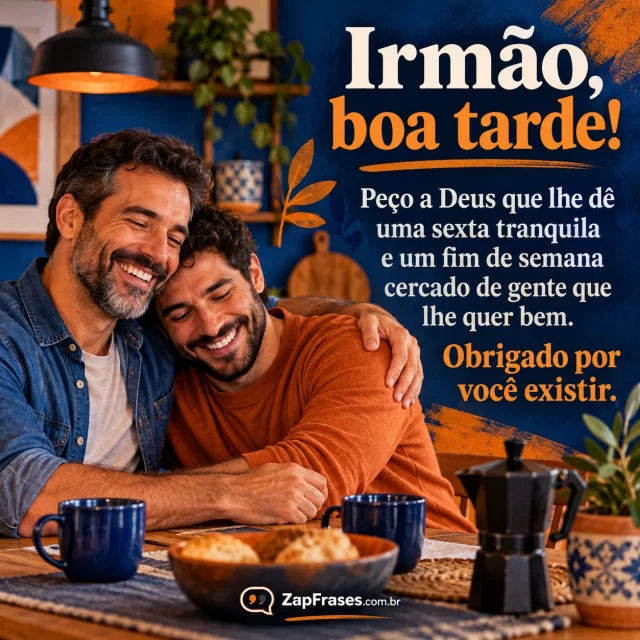 Dois irmãos adultos em abraço fraterno sob árvore de tarde. Arte com a mensagem: Irmão, boa tarde! Peço a Deus que lhe dê uma sexta tranquila e um fim de semana cercado de gente que lhe quer bem. Obrigado por você existir.