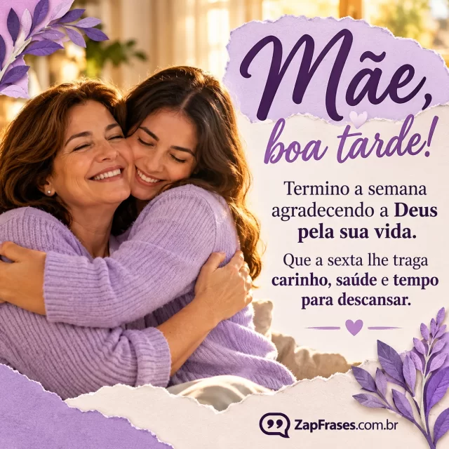 Mãe adulta recebe abraço carinhoso de filho ou filha, casa de tarde. Arte com a mensagem: Mãe, boa tarde! Termino a semana agradecendo a Deus pela sua vida. Que a sexta lhe traga carinho, saúde e tempo para descansar.