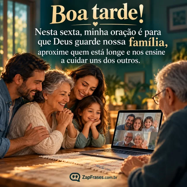 Família de várias idades em mesa caseira, mãos próximas e afeto adulto. Arte com a mensagem: Boa tarde! Nesta sexta, minha oração é para que Deus guarde nossa família, aproxime quem está longe e nos ensine a cuidar uns dos outros.
