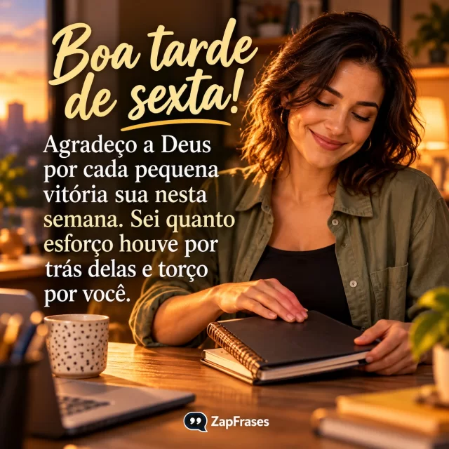 Pessoa adulta fecha caderno com sorriso discreto, gesto de dever concluído. Arte com a mensagem: Boa tarde de sexta! Agradeço a Deus por cada pequena vitória sua nesta semana. Sei quanto esforço houve por trás delas e torço por você.