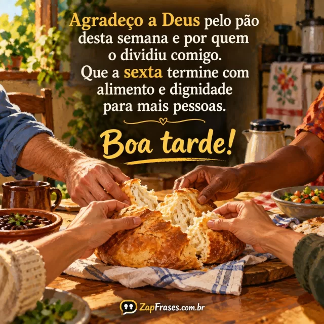 Pão sobre mesa compartilhada, mãos de pessoas diferentes e luz calorosa. Arte com a mensagem: Agradeço a Deus pelo pão desta semana e por quem o dividiu comigo. Que a sexta termine com alimento e dignidade para mais pessoas. Boa tarde!