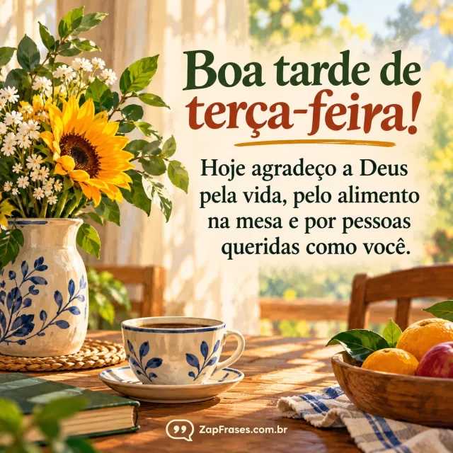 Mesa caseira com uma flor e luz suave de terça-feira; composição arejada com a frase em destaque. Arte com a mensagem: Boa tarde de terça-feira! Hoje agradeço a Deus pela vida, pelo alimento na mesa e por pessoas queridas como você.