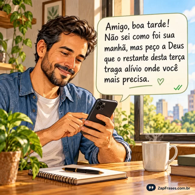 Um amigo adulto segura telefone após enviar mensagem de cuidado; janela clara. Arte com a mensagem: Amigo, boa tarde! Não sei como foi sua manhã, mas peço a Deus que o restante desta terça traga alívio onde você mais precisa.