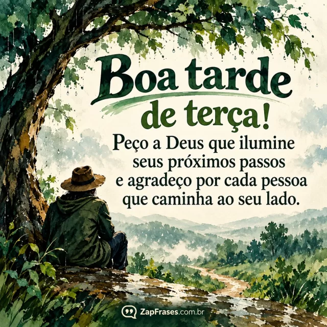 Pessoa adulta sob abrigo de árvore após chuva leve; luz serena, imagem protagonista. Arte com a mensagem: Boa tarde de terça! Peço a Deus que ilumine seus próximos passos e agradeço por cada pessoa que caminha ao seu lado.