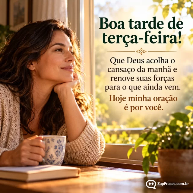 Pessoa adulta repousa por um instante junto à janela; luz de tarde suave como símbolo de renovação. Arte com a mensagem: Boa tarde de terça-feira! Que Deus acolha o cansaço da manhã e renove suas forças para o que ainda vem. Hoje minha oração é por você.