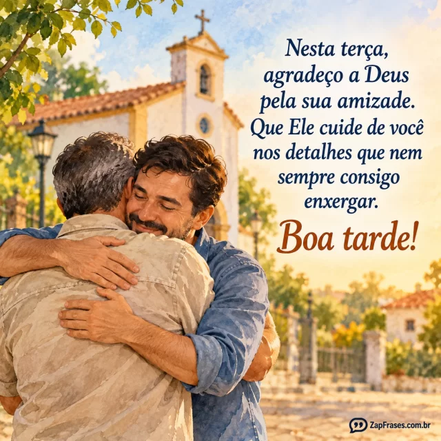 Dois amigos adultos se abraçam com discrição diante de uma igreja de bairro ao fundo. Arte com a mensagem: Nesta terça, agradeço a Deus pela sua amizade. Que Ele cuide de você nos detalhes que nem sempre consigo enxergar. Boa tarde!