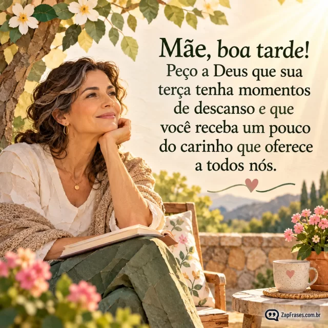 Mãe adulta senta em jardim quieto; flores discretas e luz de bênção, sem aparência infantil. Arte com a mensagem: Mãe, boa tarde! Peço a Deus que sua terça tenha momentos de descanso e que você receba um pouco do carinho que oferece a todos nós.