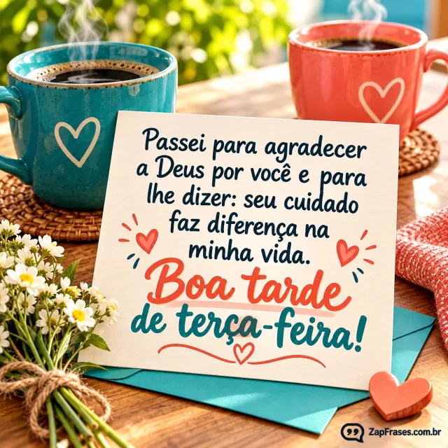 Bilhete de gratidão sem escrita extra junto a duas xícaras numa mesa simples. Arte com a mensagem: Passei para agradecer a Deus por você e para lhe dizer: seu cuidado faz diferença na minha vida. Boa tarde de terça-feira!