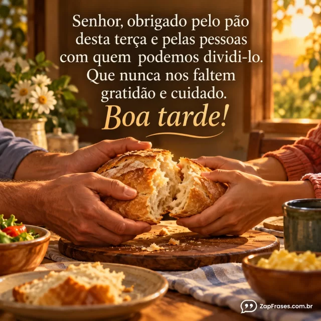 Pão caseiro partido entre mãos adultas em mesa simples, luz de tarde. Arte com a mensagem: Senhor, obrigado pelo pão desta terça e pelas pessoas com quem podemos dividi-lo. Que nunca nos faltem gratidão e cuidado. Boa tarde!