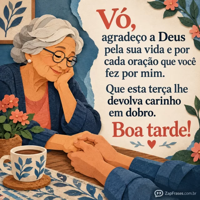 Avó adulta segura mãos de neto crescido à mesa, ternura sem excesso. Arte com a mensagem: Vó, agradeço a Deus pela sua vida e por cada oração que você fez por mim. Que esta terça lhe devolva carinho em dobro. Boa tarde!