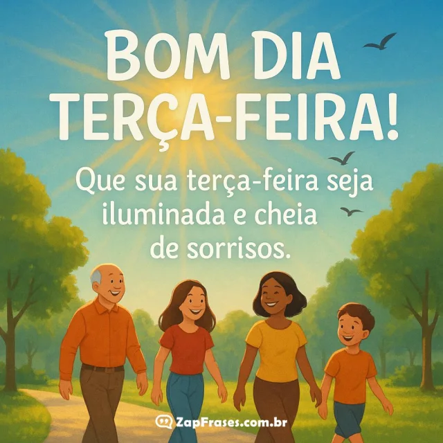 Cenário alegre com frase de bom dia terça-feira, compartilhando sorrisos sob um sol radiante.