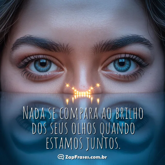 Olhos azuis brilhando em imagem romântica com frase de amor.