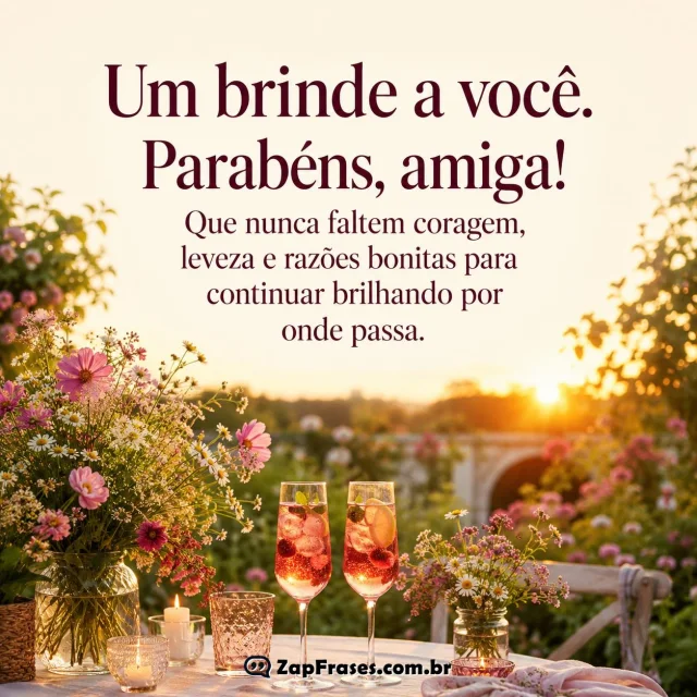 Cena de um brinde ao pôr do sol celebrando o aniversário de uma amiga, com a frase motivadora no centro.