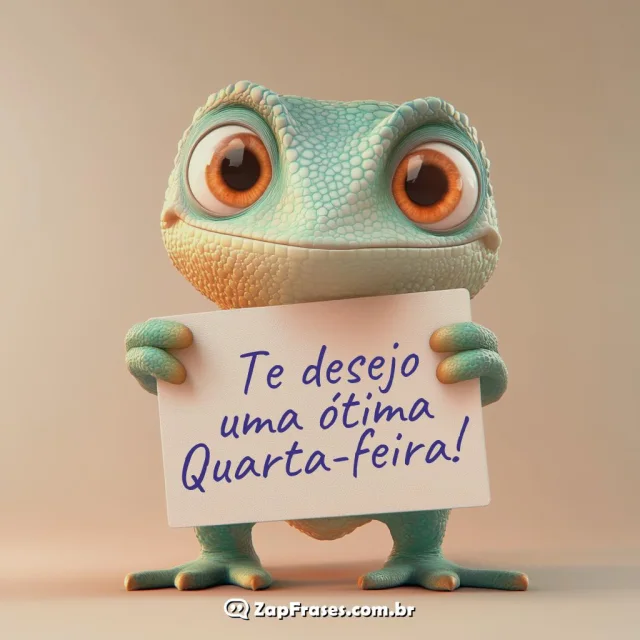 Camaleão amigável segurando cartaz com desejo de ótima quarta-feira