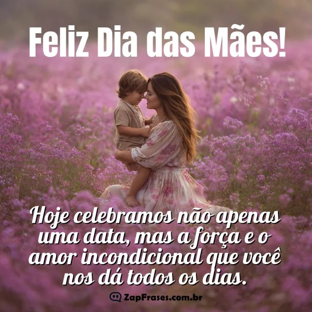 Imagem serena de mãe e filho em campo de flores roxas com mensagem de Feliz Dia das Mães