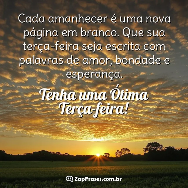 Paisagem de campo vasto ao amanhecer com mensagem inspiradora de terça-feira