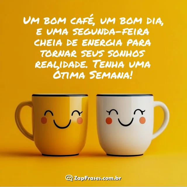 Duas canecas sorridentes destacadas em fundo amarelo com frase motivacional de segunda-feira
