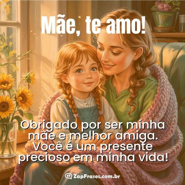 Mãe e filha em gesto de carinho, iluminadas pela luz do sol, com girassóis na mesa.
