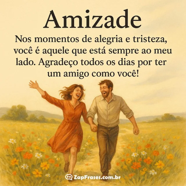 Casal em campo florido simbolizando alegria e amizade.