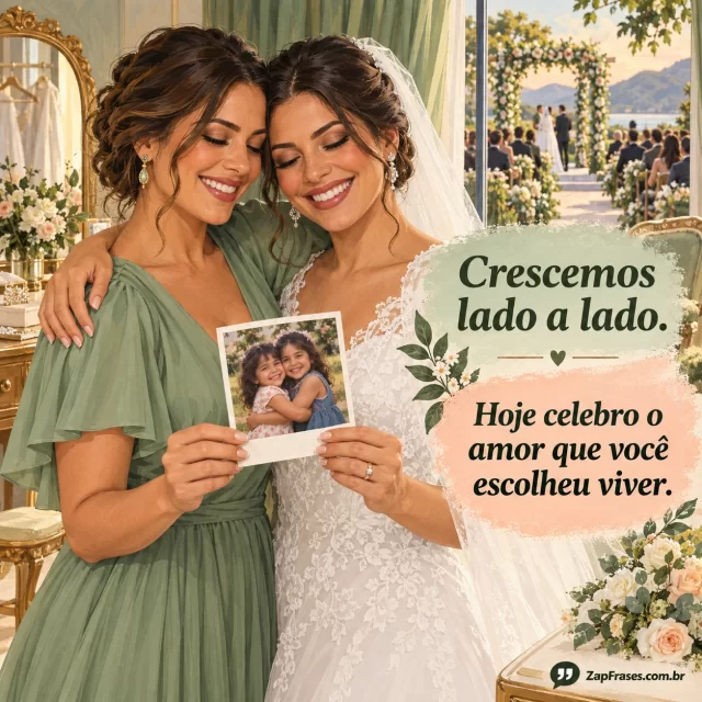 Irmã e noiva observam juntas uma foto de infância antes da cerimônia de casamento, em pintura de guache, com mensagem sobre crescer lado a lado.