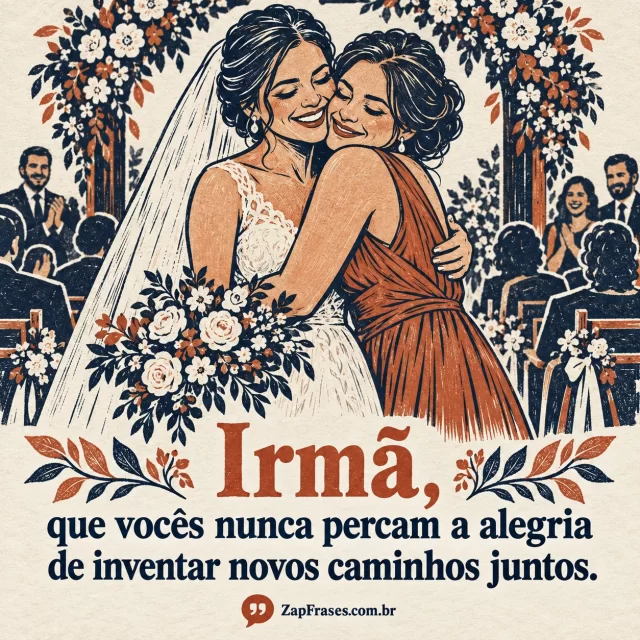 Gravura em azul e terracota mostra noiva abraçando sua irmã diante do altar e dos convidados, com mensagem sobre inventar caminhos juntos.