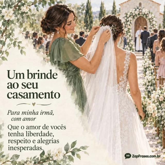 Irmã ajusta o véu da noiva antes da cerimônia, com título Um brinde ao seu casamento e dedicatória Para minha irmã, com amor.