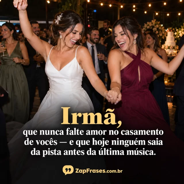 Noiva e irmã dançam juntas na festa de casamento, com mensagem alegre sobre amor e ficar na pista até a última música.