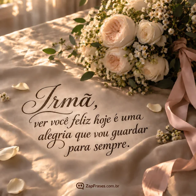 Buquê de rosas brancas sobre linho com a mensagem: Irmã, ver você feliz hoje é uma alegria que vou guardar para sempre.