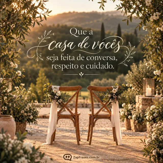 Duas cadeiras em uma cerimônia no jardim com a mensagem: Que a casa de vocês seja feita de conversa, respeito e cuidado.