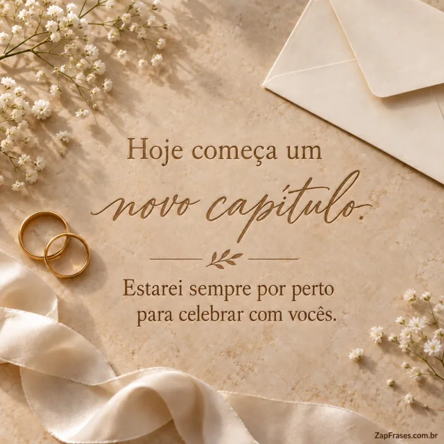Alianças douradas, flores e convite sem texto com a mensagem: Hoje começa um novo capítulo. Estarei sempre por perto para celebrar com vocês.