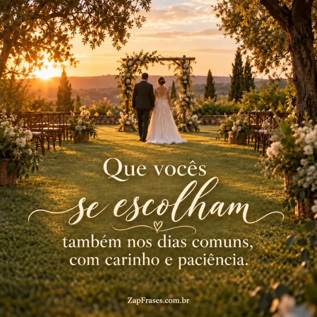 Casal caminhando em direção a um arco florido ao pôr do sol com a mensagem: Que vocês se escolham também nos dias comuns, com carinho e paciência.
