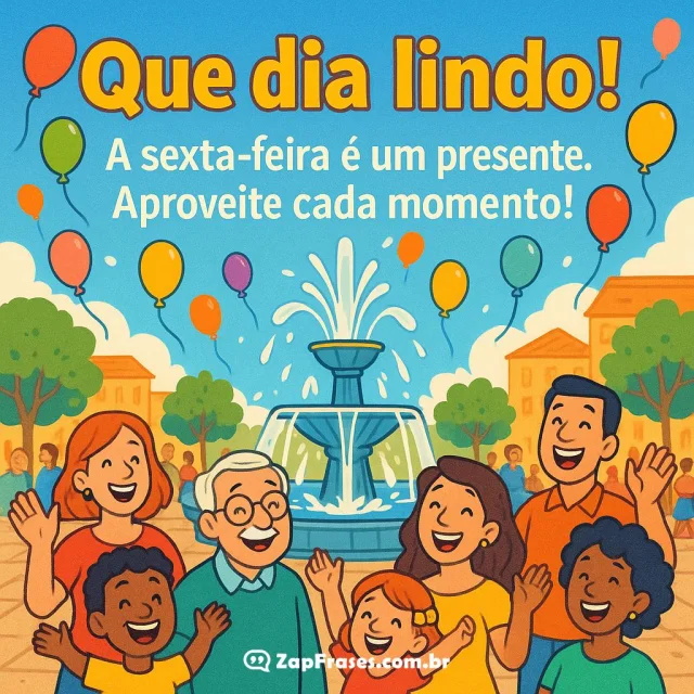 Grupo alegre celebrando em um parque com mensagem de bom dia sexta-feira.