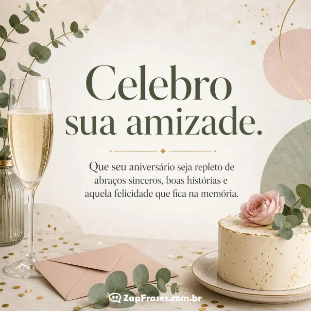 Imagem de feliz aniversário celebrando a amizade com mensagem de abraços sinceros e boas histórias.