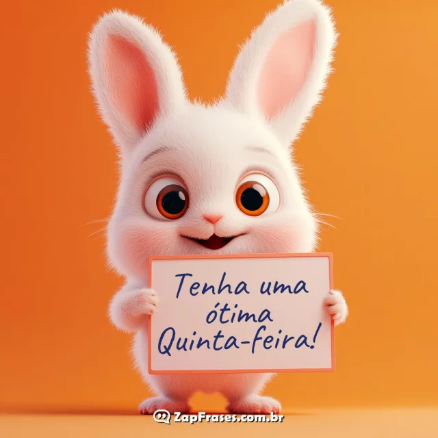 Coelho branco animado segurando cartaz - Tenha uma ótima Quinta-feira!