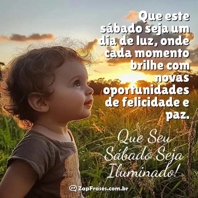 Criança olhando para o céu ao pôr do sol com mensagem de sábado iluminado sobreposta