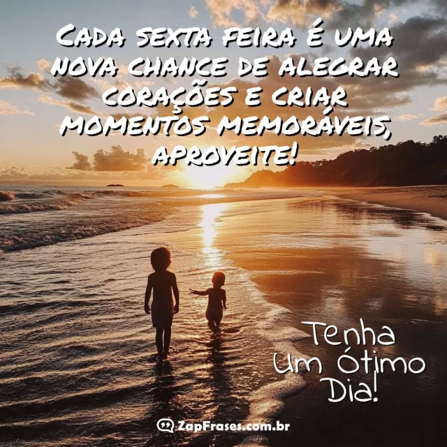 Crianças andando na praia com uma mensagem inspiradora de sexta-feira