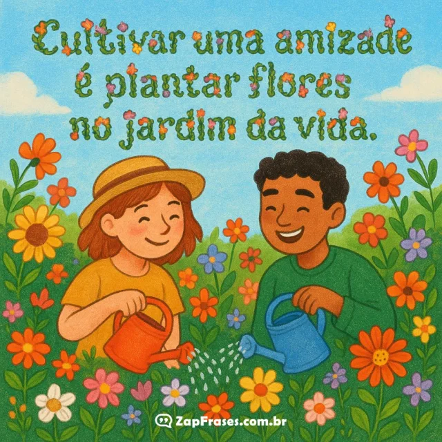 Ilustração de amizade: duas pessoas regando flores com amor e cuidado