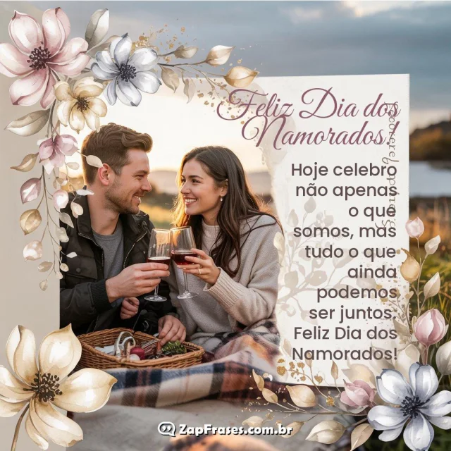 Casal sorrindo em piquenique ao ar livre com frase de Dia dos Namorados