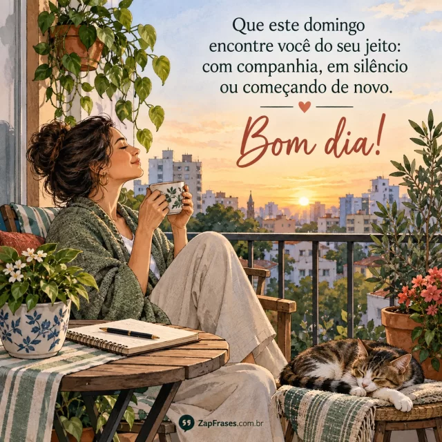 Pessoa adulta sozinha numa varanda pela manhã, chá e caderno, cidade acordando; tranquilidade sem solidão. Arte com mensagem de bom dia, domingo.