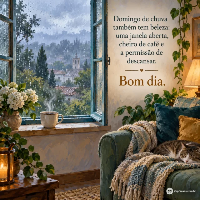 Janela aberta com gotas de chuva, xícara de café no peitoril e coberta no sofá, luz suave da manhã. Arte com mensagem de bom dia, domingo.