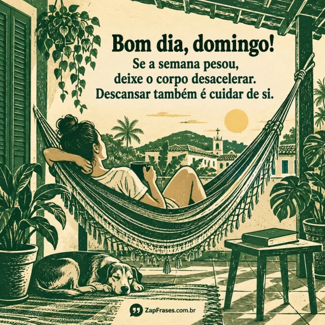 Pessoa adulta relaxando numa rede em varanda sombreada de manhã, livro fechado e plantas tropicais. Arte com mensagem de bom dia, domingo.