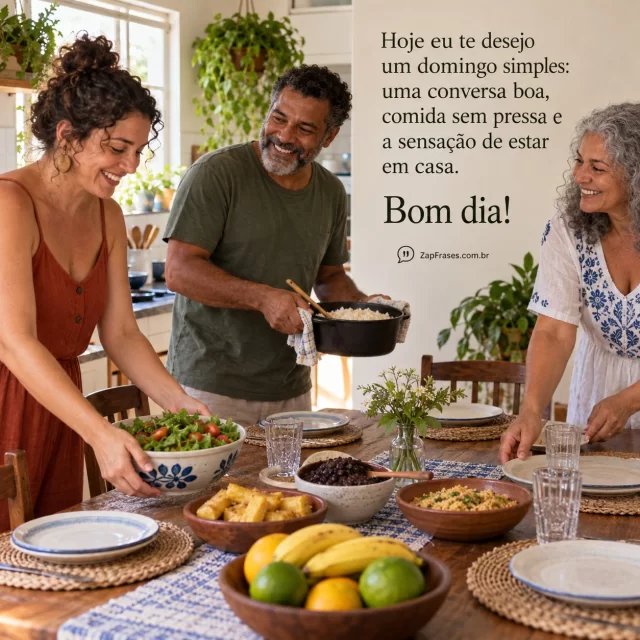 Amigos de idades diferentes preparando juntos mesa de almoço de domingo em casa, sol de manhã entrando na cozinha. Arte com mensagem de bom dia, domingo.