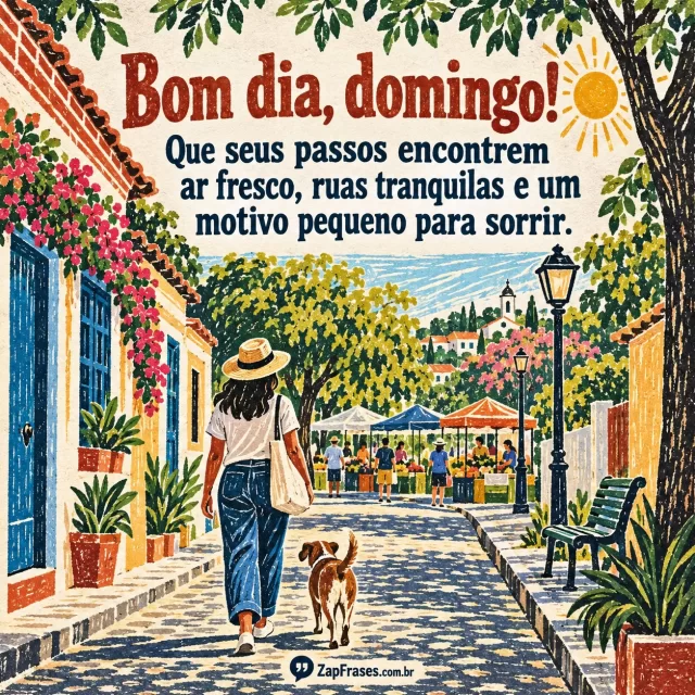 Pessoa caminhando de manhã por rua arborizada de bairro com feira de domingo ao longe. Arte com mensagem de bom dia, domingo.