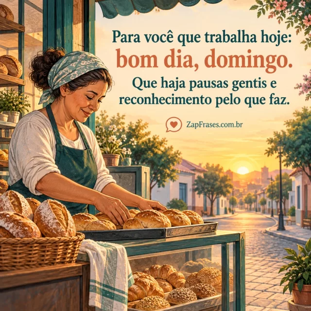 Trabalhadora adulta abrindo pequena padaria no domingo cedo, sorriso discreto, rua ainda calma e sol nascente. Arte com mensagem de bom dia, domingo.